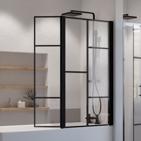 Paroi de baignoire noir en verre sérigraphié motif verrière d'atelier ATELIA 80 cm + volet mobile 40 cm