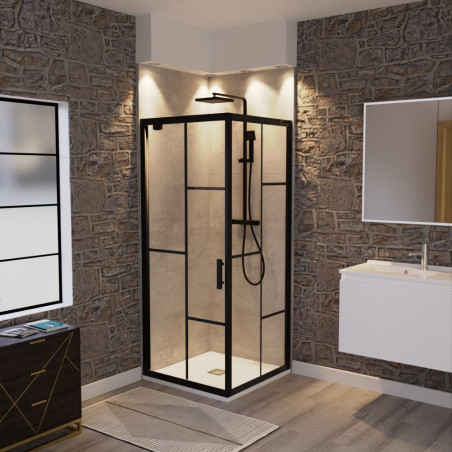Paroi de douche d'angle porte pivotante 80 cm ATELIA - Profilé noir - Verre 6 mm sérigraphié