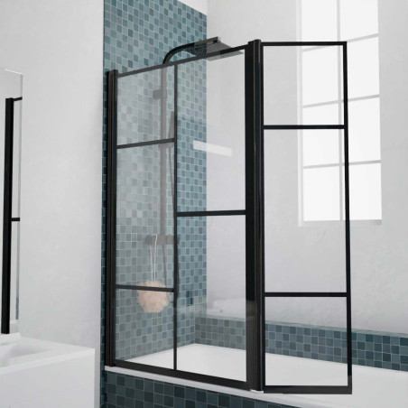 Paroi de baignoire noir en verre sérigraphié motif verrière d'atelier ATELIA 80 cm + volet mobile 40 cm