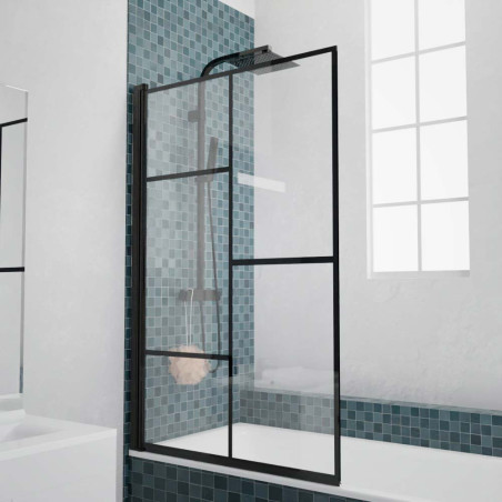Paroi de baignoire noir en verre sérigraphié motif verrière d'atelier ATELIA 90 cm