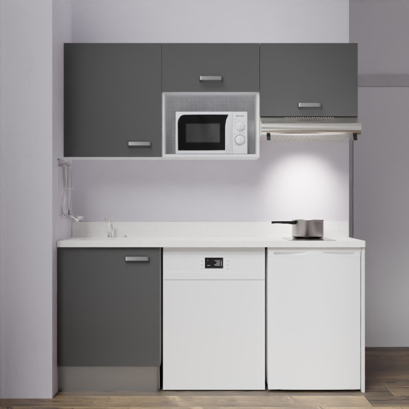 Kitchenette K55 - 180 cm avec emplacement micro-ondes, frigo et lave-vaisselle - meubles gris, plan monobloc blanc évier à gauch Kitchenette K55 - 180 cm avec emplacement micro-ondes, frigo et lave-vaisselle - meubles gris, plan monobloc blanc évier à gauch
