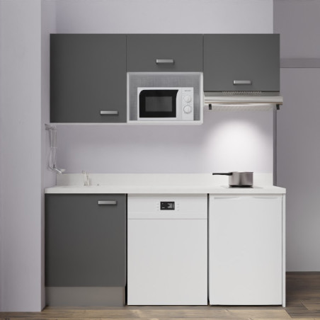 Kitchenette K55 - 180 cm avec emplacement micro-ondes, frigo et lave-vaisselle - meubles gris, plan monobloc blanc évier à gauch