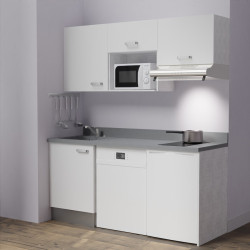 Kitchenette K55 - 180 cm avec emplacement micro-ondes, frigo et lave-vaisselle  - meubles blanc, plan monobloc gris évier à gauc