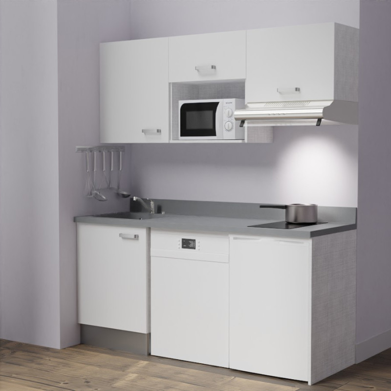 Kitchenette K55 - 180 cm avec emplacement micro-ondes, frigo et lave-vaisselle - meubles blanc, plan monobloc gris évier à gauc Kitchenette K55 - 180 cm avec emplacement micro-ondes, frigo et lave-vaisselle - meubles blanc, plan monobloc gris évier à gauc