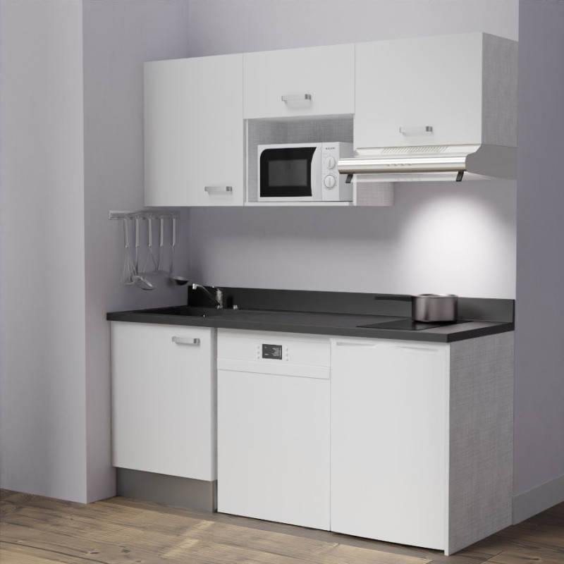 Kitchenette K55 - 180 cm avec emplacement micro-ondes, frigo et lave-vaisselle - meubles blanc, plan monobloc noir évier à gauch Kitchenette K55 - 180 cm avec emplacement micro-ondes, frigo et lave-vaisselle - meubles blanc, plan monobloc noir évier à gauch