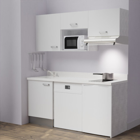 Kitchenette K55 - 180 cm avec emplacement micro-ondes, frigo et lave-vaisselle - meubles blanc, plan monobloc blanc évier à gauc