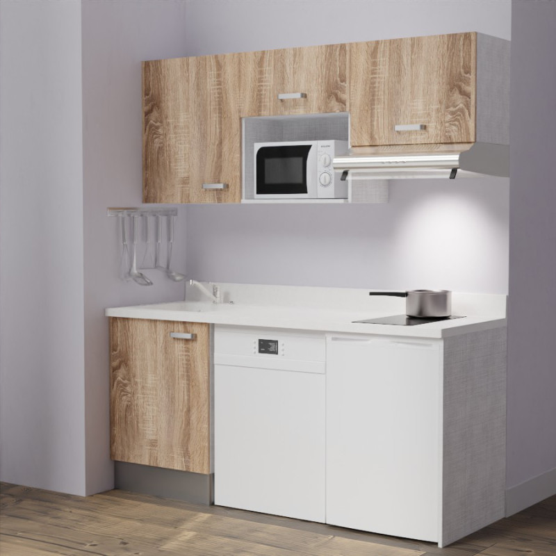 Kitchenette K55 - 180 cm avec emplacement micro-ondes, frigo et lave-vaisselle - meubles bois, plan monobloc blanc évier à gauch Kitchenette K55 - 180 cm avec emplacement micro-ondes, frigo et lave-vaisselle - meubles bois, plan monobloc blanc évier à gauch