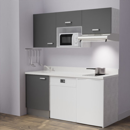 Kitchenette K55 - 180 cm avec emplacement micro-ondes, frigo et lave-vaisselle - meubles gris, plan monobloc blanc évier à gauch
