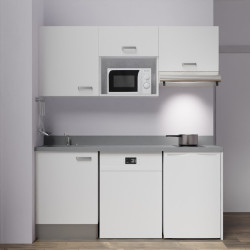 Kitchenette K55 - 180 cm avec emplacement micro-ondes, frigo et lave-vaisselle - meubles blanc, plan monobloc gris évier à gauch
