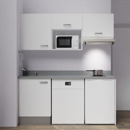 Kitchenette K55 - 180 cm avec emplacement micro-ondes, frigo et lave-vaisselle - meubles blanc, plan monobloc gris évier à gauch