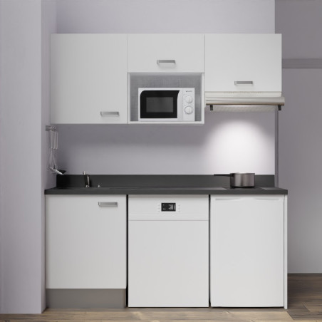 Kitchenette K55 - 180 cm avec emplacement micro-ondes, frigo et lave-vaisselle - meubles blanc, plan monobloc noir évier à gauch