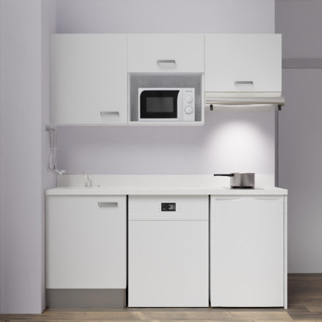 Kitchenette K55 - 180 cm avec emplacement micro-ondes, frigo et lave-vaisselle - meubles blanc, plan monobloc blanc évier à gauc