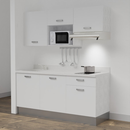Kitchenette K30 - 180 cm meubles blanc, plan monobloc blanc évier à gauche