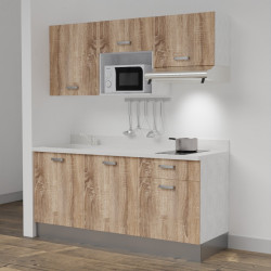 Kitchenette K30 - 180 cm meubles chêne, plan monobloc blanc évier à gauche