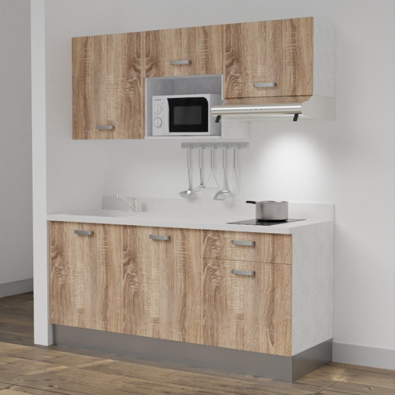 Kitchenette K30 - 180 cm meubles chêne, plan monobloc blanc évier à gauche Kitchenette K30 - 180 cm meubles chêne, plan monobloc blanc évier à gauche