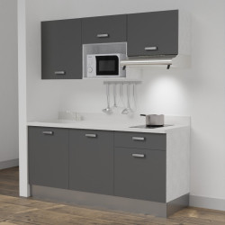 Kitchenette K30 - 180 cm meubles gris, plan monobloc blanc évier à gauche
