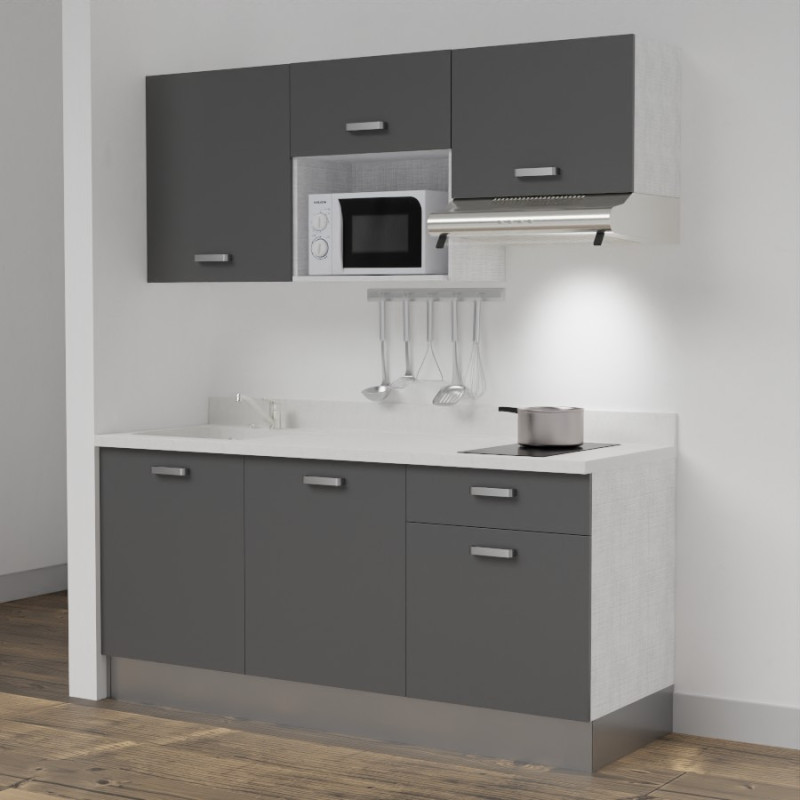Kitchenette K30 - 180 cm meubles gris, plan monobloc blanc évier à gauche Kitchenette K30 - 180 cm meubles gris, plan monobloc blanc évier à gauche