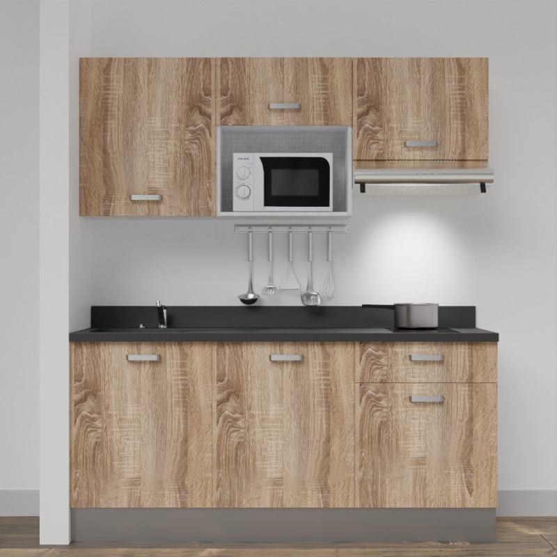 Kitchenette K30 - 180 cm meubles chêne, plan monobloc noir évier à gauche Kitchenette K30 - 180 cm meubles chêne, plan monobloc noir évier à gauche