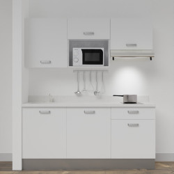 Kitchenette K30 - 180 cm meubles blanc, plan monobloc blanc évier à gauche