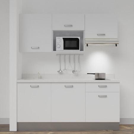 Kitchenette K30 - 180 cm meubles blanc, plan monobloc blanc évier à gauche