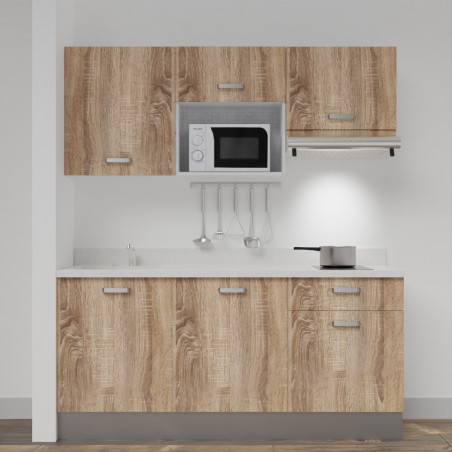 Kitchenette K30 - 180 cm meubles chêne, plan monobloc blanc évier à gauche