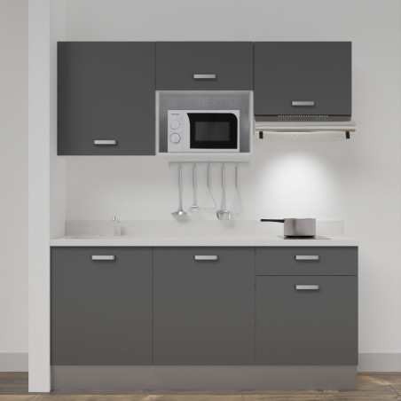 Kitchenette K30 - 180 cm meubles gris, plan monobloc blanc évier à gauche