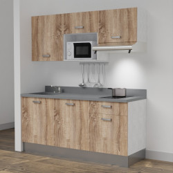Kitchenette K30 - 180 cm meubles chêne, plan monobloc gris évier à gauche