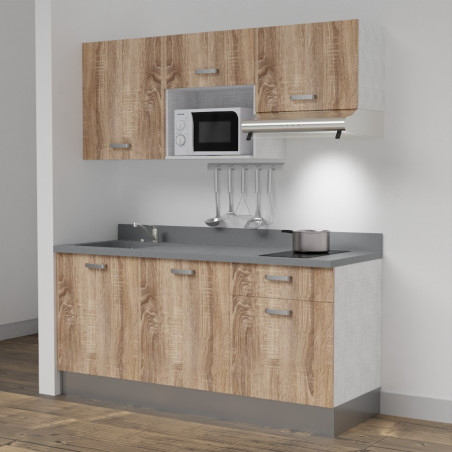 Kitchenette K30 - 180 cm meubles chêne, plan monobloc gris évier à gauche