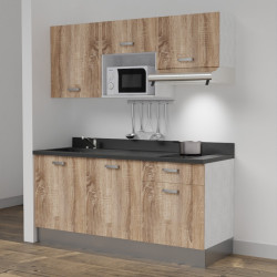 Kitchenette K30 - 180 cm meubles chêne, plan monobloc noir évier à gauche