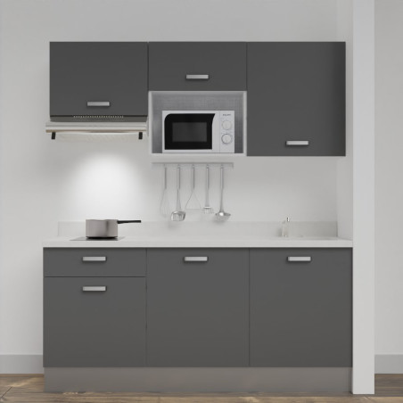 Kitchenette K30 - 180 cm meubles gris, plan monobloc blanc évier à droite