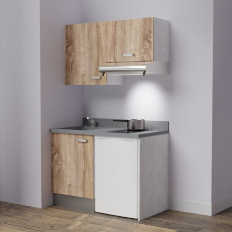 Kitchenette K01 - 120 cm avec emplacement frigo top et hotte - couleur bois - plan monobloc gris évier à gauche
