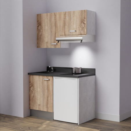 Kitchenette K01 - 120 cm avec emplacement frigo top et hotte - couleur bois - plan monobloc noir évier à gauche