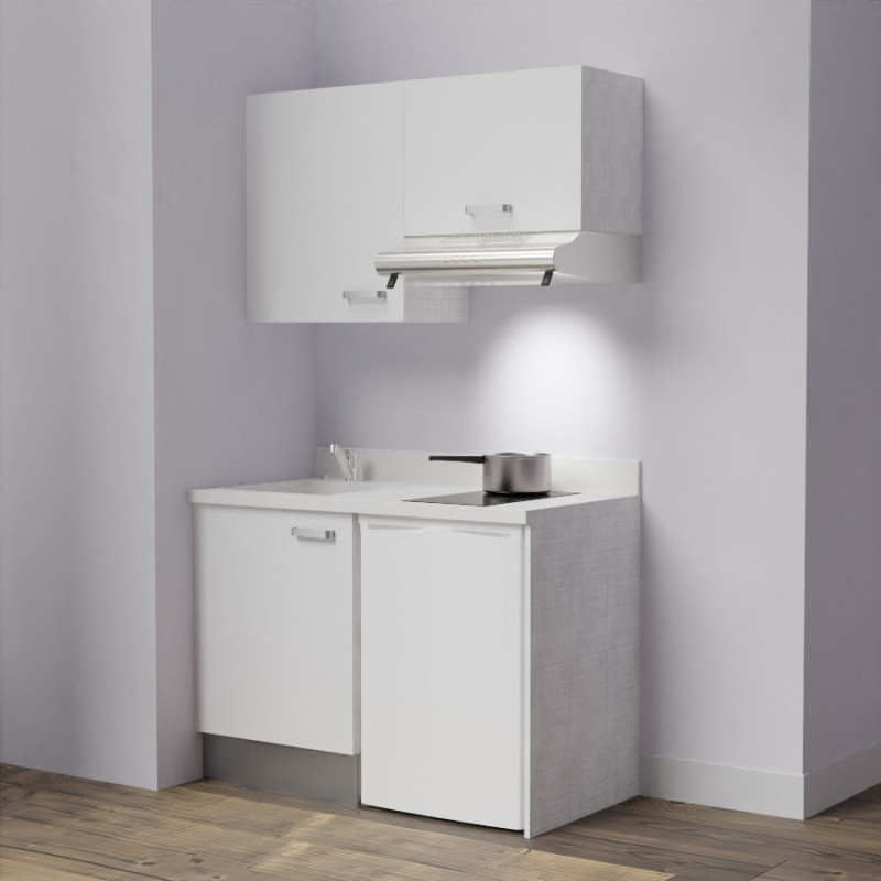 Kitchenette K01 - 120 cm avec emplacement frigo top et hotte - couleur blanc - plan monobloc blanc évier à gauche Kitchenette K01 - 120 cm avec emplacement frigo top et hotte - couleur blanc - plan monobloc blanc évier à gauche