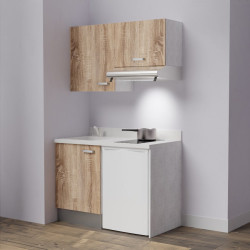 Kitchenette K01 - 120 cm avec emplacement frigo top et hotte - couleur bois - plan monobloc blanc évier à gauche