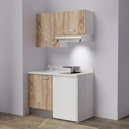 Kitchenette K01 - 120 cm avec emplacement frigo top et hotte - couleur bois - plan monobloc blanc évier à gauche