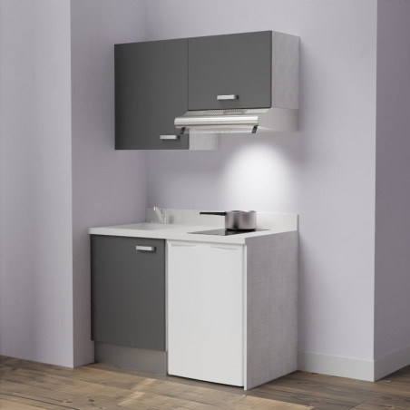 Kitchenette K01 - 120 cm avec emplacement frigo top et hotte - couleur gris - plan monobloc blanc évier à gauche