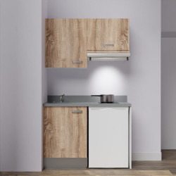Kitchenette K01 - 120 cm avec emplacement frigo top et hotte - couleur bois - plan monobloc gris évier à gauche