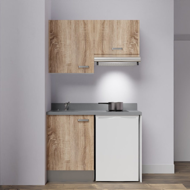Kitchenette K01 - 120 cm avec emplacement frigo top et hotte - couleur bois - plan monobloc gris évier à gauche Kitchenette K01 - 120 cm avec emplacement frigo top et hotte - couleur bois - plan monobloc gris évier à gauche
