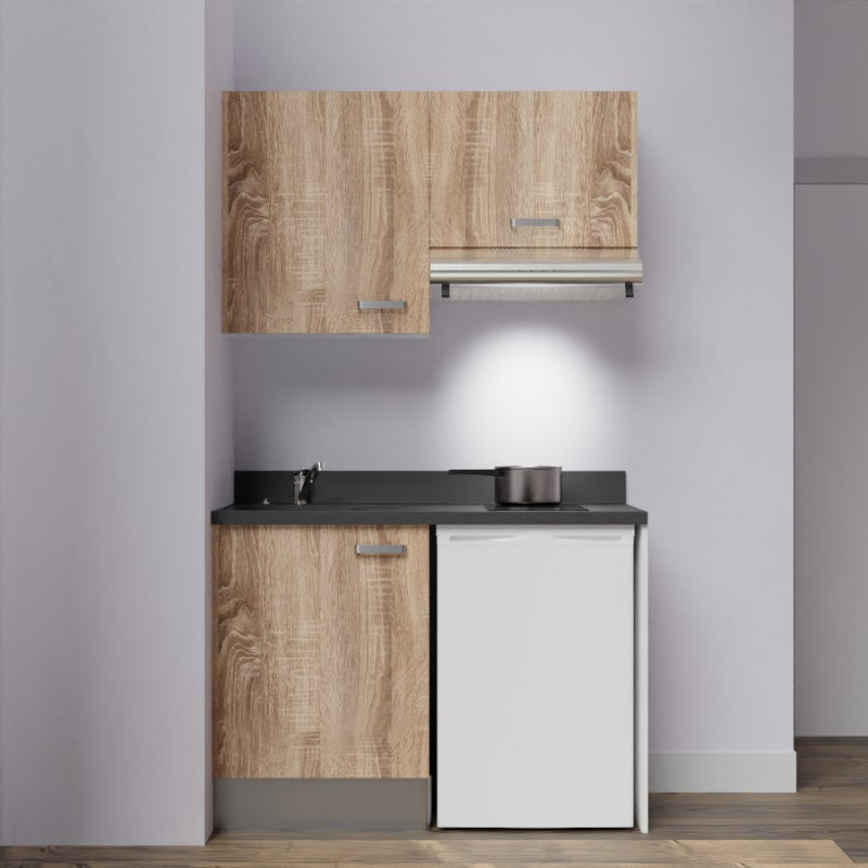 Kitchenette K01 - 120 cm avec emplacement frigo top et hotte - couleur bois - plan monobloc noir évier à gauche Kitchenette K01 - 120 cm avec emplacement frigo top et hotte - couleur bois - plan monobloc noir évier à gauche