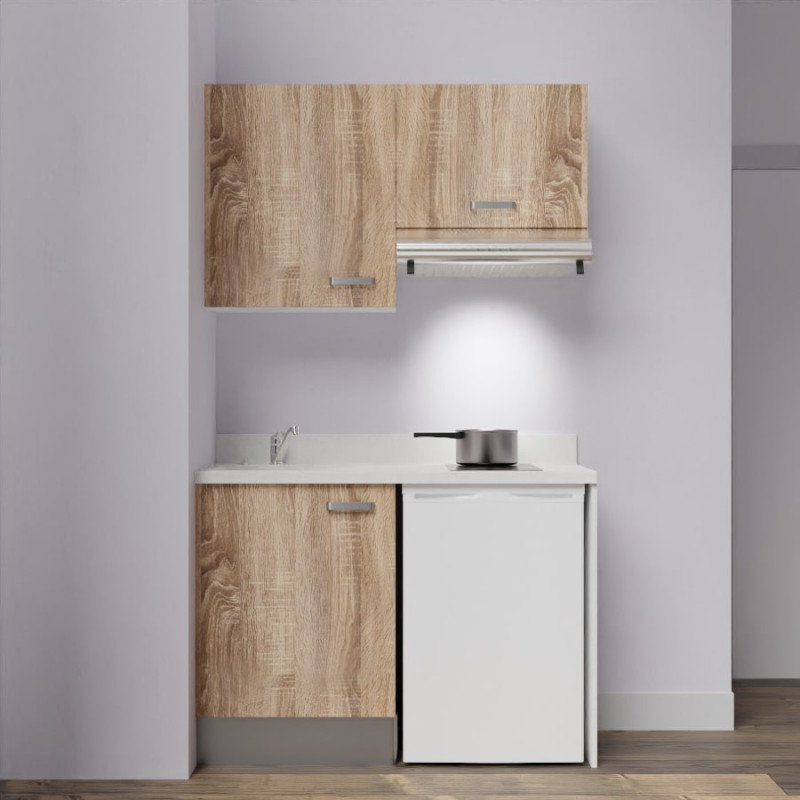 Kitchenette K01 - 120 cm avec emplacement frigo top et hotte - couleur bois - plan monobloc bois évier à gauche Kitchenette K01 - 120 cm avec emplacement frigo top et hotte - couleur bois - plan monobloc bois évier à gauche