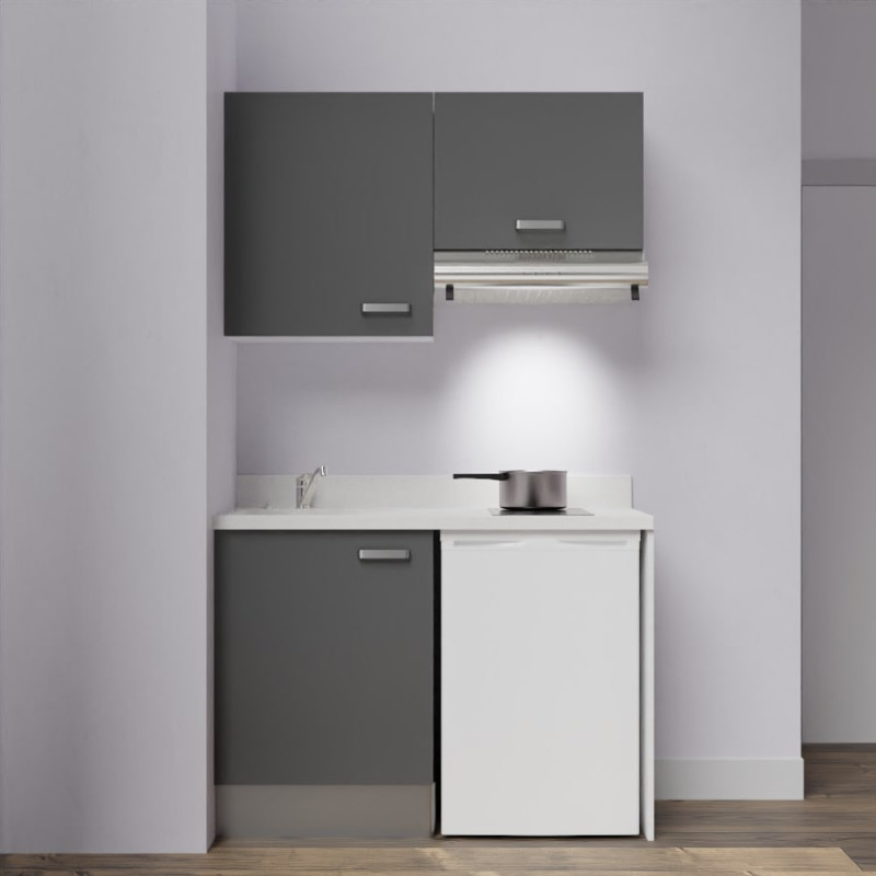 Kitchenette K01 - 120 cm avec emplacement frigo top et hotte - couleur gris - plan monobloc blanc évier à gauche Kitchenette K01 - 120 cm avec emplacement frigo top et hotte - couleur gris - plan monobloc blanc évier à gauche