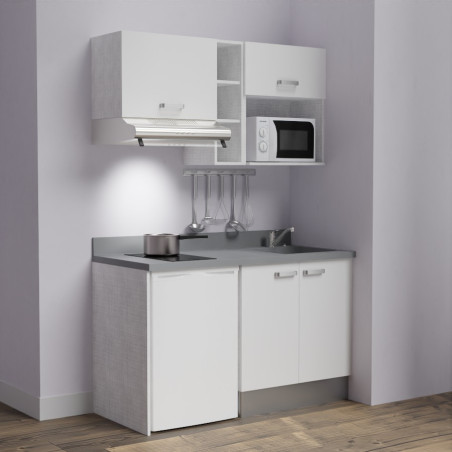 Kitchenette K13 - 140 cm avec emplacements frigo, hotte et micro-ondes - meubles blanc, plan monobloc gris évier à droite