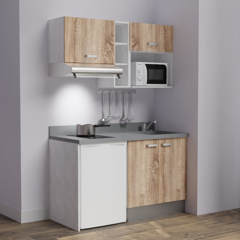 Kitchenette K13 - 140 cm avec emplacements frigo, hotte et micro-ondes - meubles bois, plan monobloc gris évier à droite Kitchenette K13 - 140 cm avec emplacements frigo, hotte et micro-ondes - meubles bois, plan monobloc gris évier à droite