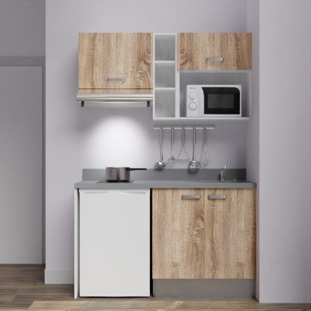 Kitchenette K13 - 140 cm avec emplacements frigo, hotte et micro-ondes - meubles bois, plan monobloc gris évier à droite