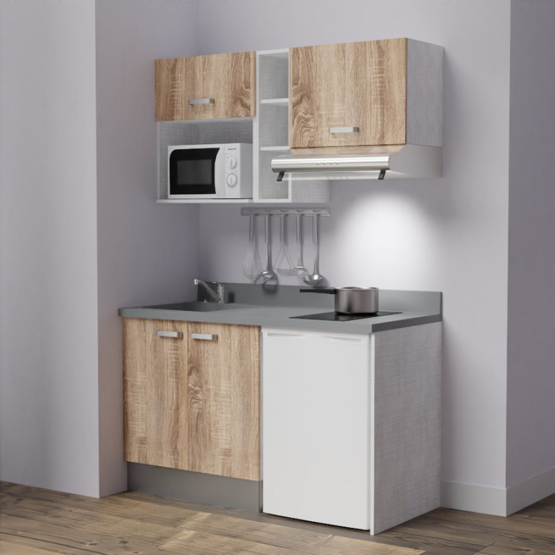 Kitchenette K13 - 140 cm avec emplacements frigo, hotte et micro-ondes - meubles bois, plan monobloc gris évier à gauche Kitchenette K13 - 140 cm avec emplacements frigo, hotte et micro-ondes - meubles bois, plan monobloc gris évier à gauche