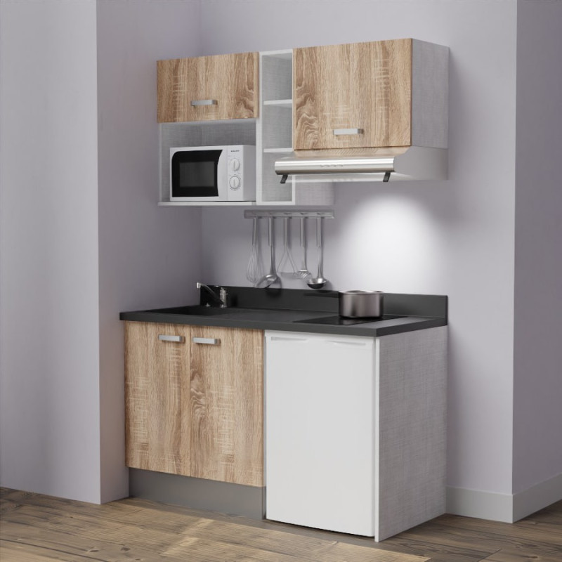Kitchenette K13 - 140 cm avec emplacements frigo, hotte et micro-ondes - meubles bois, plan monobloc noir évier à gauche Kitchenette K13 - 140 cm avec emplacements frigo, hotte et micro-ondes - meubles bois, plan monobloc noir évier à gauche
