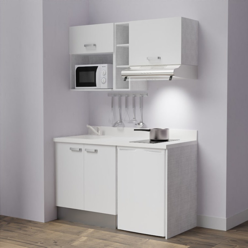 Kitchenette K13 - 140 cm avec emplacements frigo, hotte et micro-ondes - meubles blanc, plan monobloc blanc évier à gauche Kitchenette K13 - 140 cm avec emplacements frigo, hotte et micro-ondes - meubles blanc, plan monobloc blanc évier à gauche