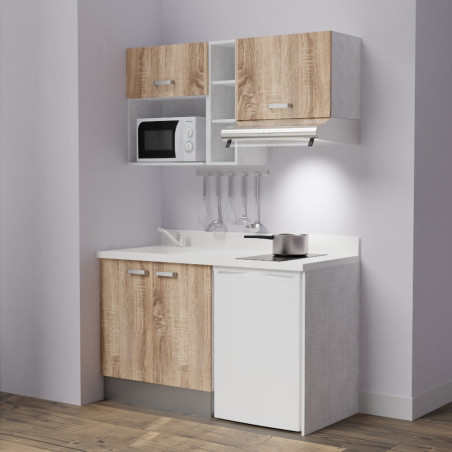 Kitchenette K13 - 140 cm avec emplacements frigo, hotte et micro-ondes - meubles bois, plan monobloc blanc évier à gauche