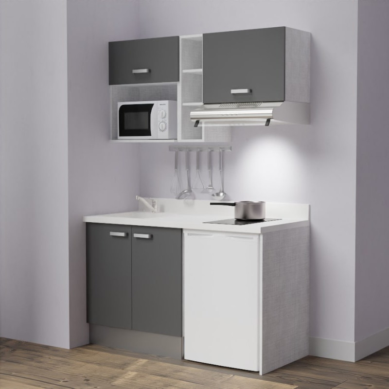 Kitchenette K13 - 140 cm avec emplacements frigo, hotte et micro-ondes - meubles gris, plan monobloc blanc évier à gauche Kitchenette K13 - 140 cm avec emplacements frigo, hotte et micro-ondes - meubles gris, plan monobloc blanc évier à gauche