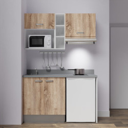 Kitchenette K13 - 140 cm avec emplacements frigo, hotte et micro-ondes - meubles bois, plan monobloc gris évier à gauche